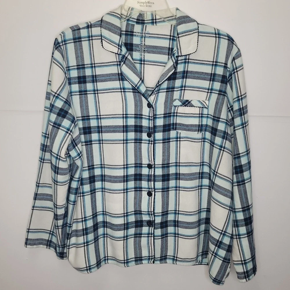 Croft & Barrow Pajama Set XL Blue PlaidFlannel Button Top Pants Lounge Sleepwear